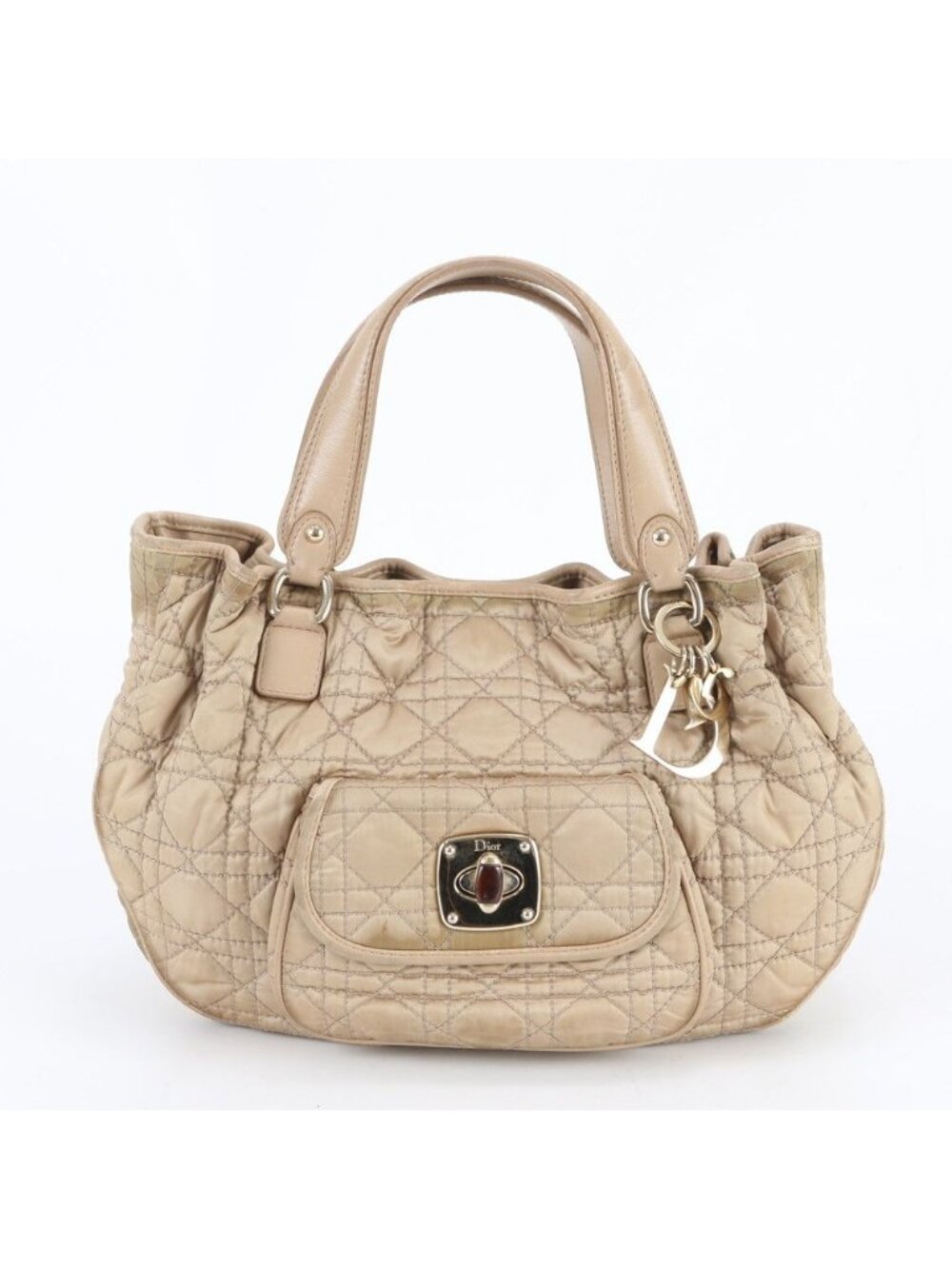 Dior Cannage Leather Handbag Tote Beige Gold